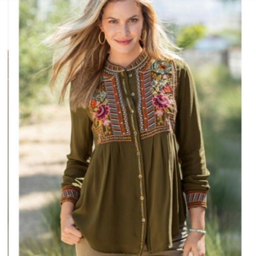 Johnny Was Clansy Collar smock Camisole Olive Green Bohemian Embroidered TunSz S